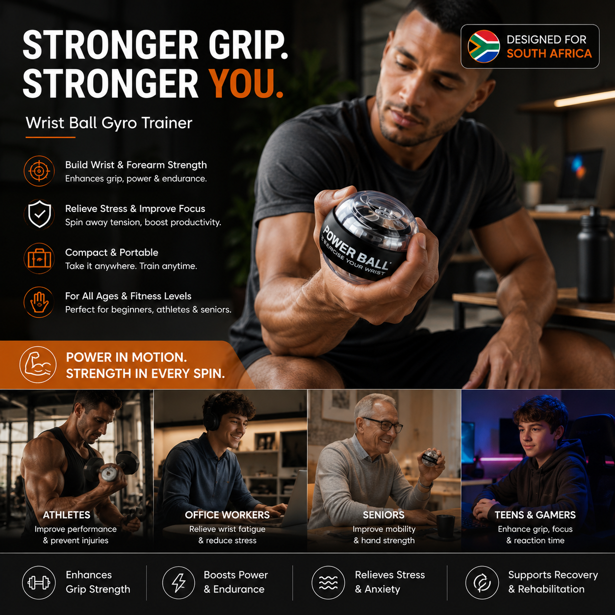 GripForce™ Power Ball: Wrist Strengthener & Forearm Trainer with Zinc Rotor Grip Strength Training